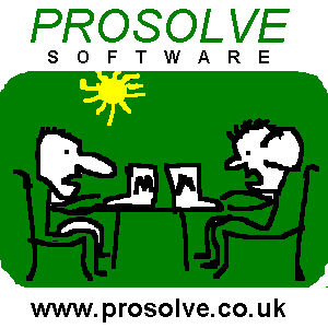 The 1999 Prosolve Software logo: a cartoon of two people working at computers under a bright sun, with www.prosolve.co.uk underneath